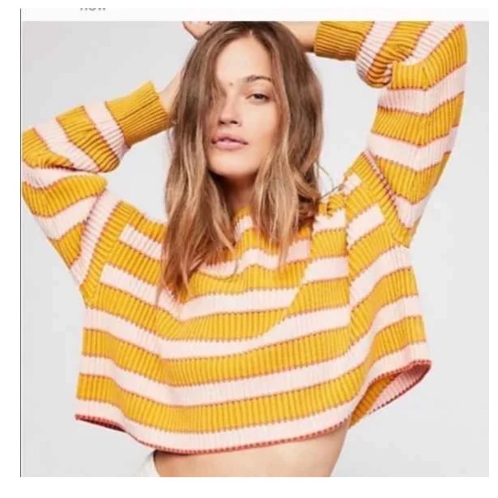 Free People Just‎ My Stripe Pullover Sweater l yellow white stripe cropped Small